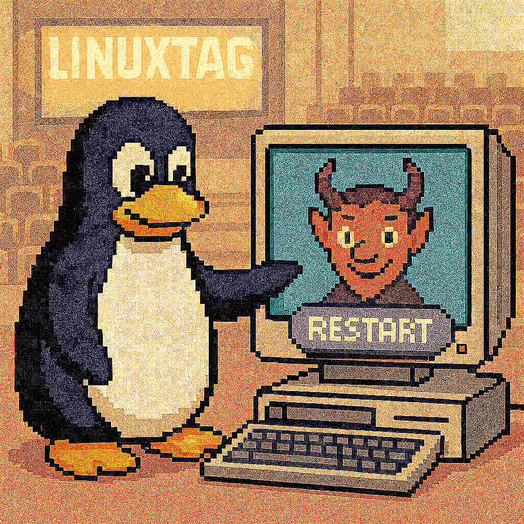 Ein Pixelbild von einem Pinguin der einen Computer neustartet